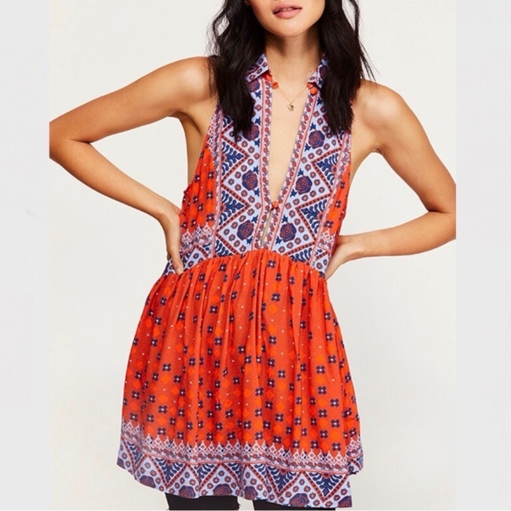 🔥 Free People Charlotte Rust Printed Tunic Tank Size S Boho 🧡